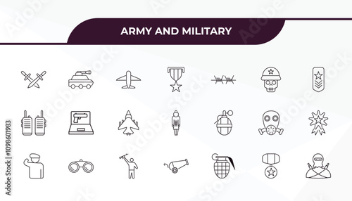 fully editable outline icon collection from army and military concept. thin line icons set such as combat, armored vehicle, grenade launcher, condecoration, terrorist,