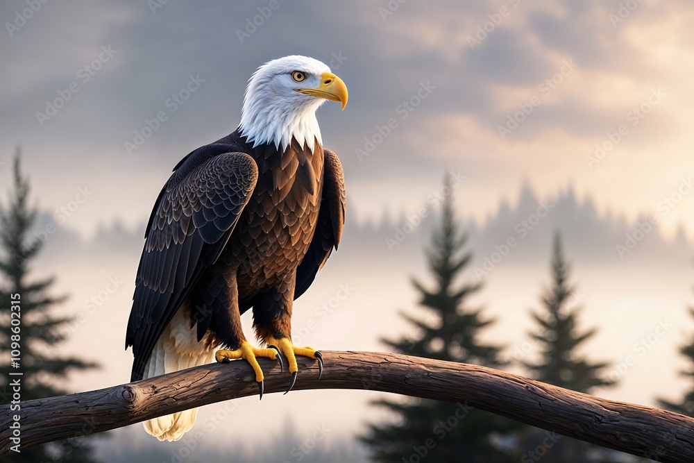 Obraz premium Majestic eagle perched on a branch against a misty forest backdrop at sunrise