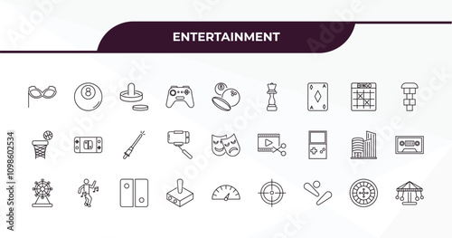fully editable outline icon collection from entertainment concept. thin line icons set such as masquerade, eight ball, bingo, roulette, carousel,