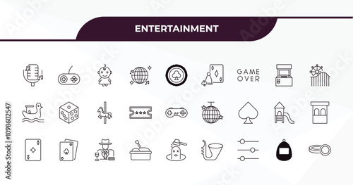 fully editable outline icon collection from entertainment concept. thin line icons set such as voice acting, game, arcade hine, tamagotchi, token,