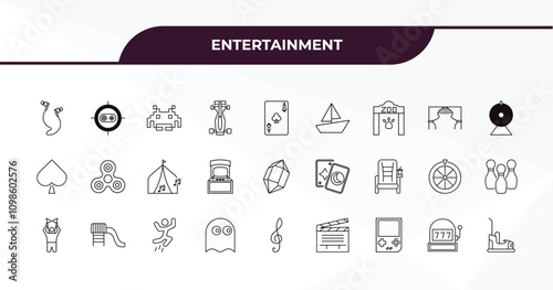 fully editable outline icon collection from entertainment concept. thin line icons set such as earphone, shooting game, curtain stage, slot hine, bumper car,
