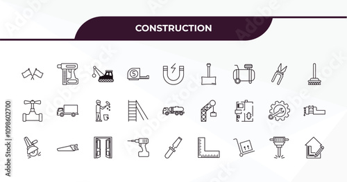 fully editable outline icon collection from construction concept. thin line icons set such as flags crossed, nail gun, inclined clippers, hydraulic breaker, interior de,