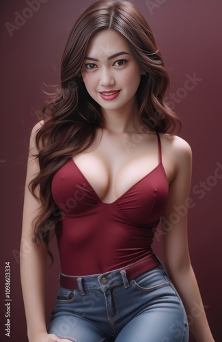 a close up of a woman in a red top and jeans