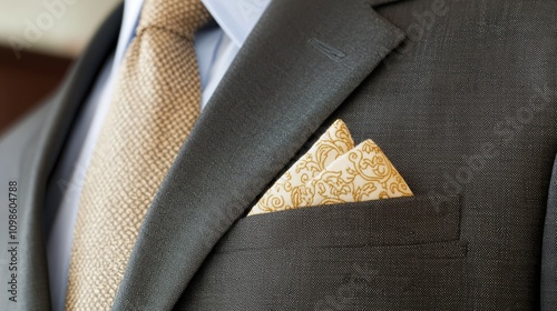 Exquisite Elegance: Close-Up of Old Money Fashion Silk Handkerchief in Suit Pocket