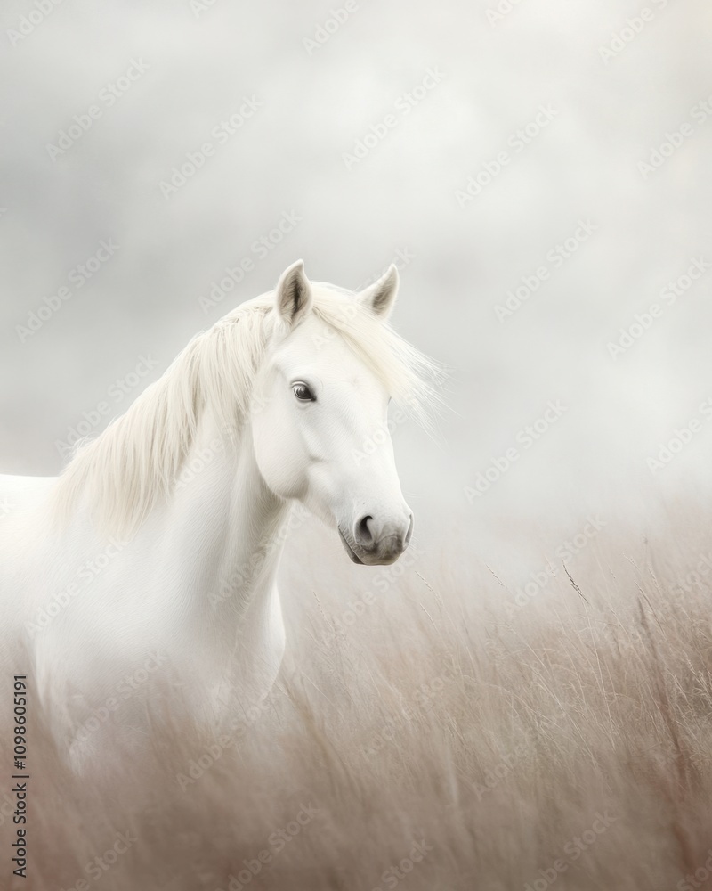 Fototapeta premium Misty Meadow Showcases the Elegance of a White Horse in Tranquil Surroundings at Dawn