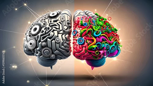 Creative brain illustration split into mechanical logic and colorful artistic halves

 photo