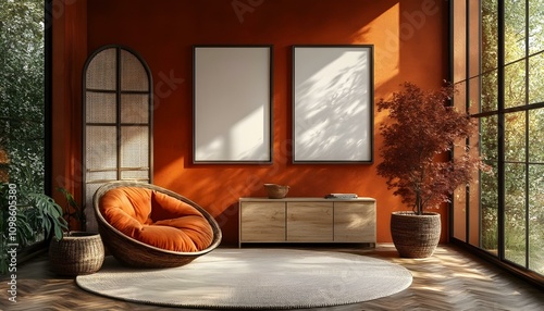 A cozy, modern living room with vibrant orange walls, featuring a rattan papasan chair with plush orange cushions photo