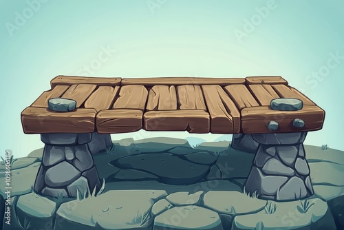 Cartoon Wooden Platform with Stone Supports - Game Asset - Rustic wooden platform, stone supports, game asset, clifftop setting, fantasy design. photo