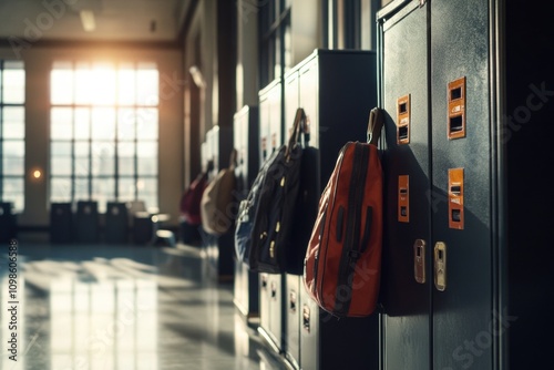 A row of lockers with bags hanging from hooks, suitable for use in travel, adventure, or outdoor themes photo