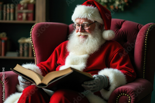 Santa Claus sitting in a chair and reading a book