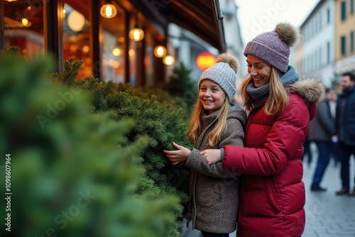 a family selecting a Christmas tree at the market