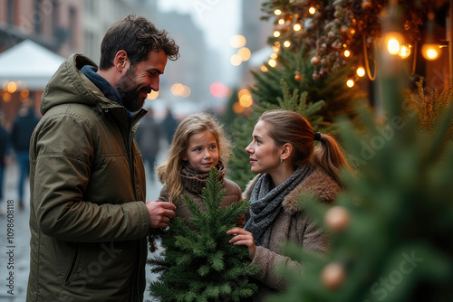 a family selecting a Christmas tree at the market
