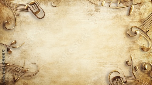 Elegant Christmas Carol Music Sheet: Vintage Texture with Gold Foil Notes and Metallic Treble Clefs Framing an Ivory Center, Fine Art Photography Quality.