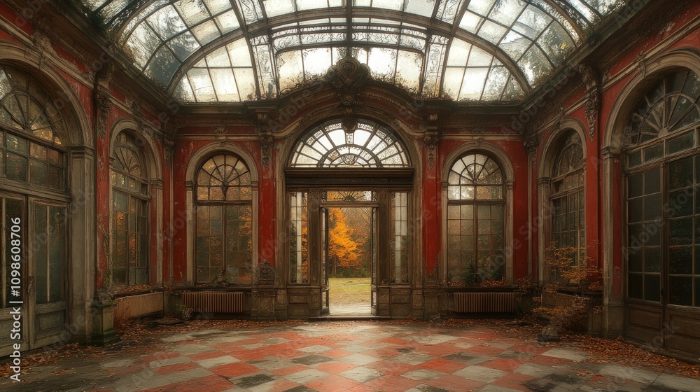 Obraz premium Ruined ornate conservatory with glass ceiling, autumnal view.