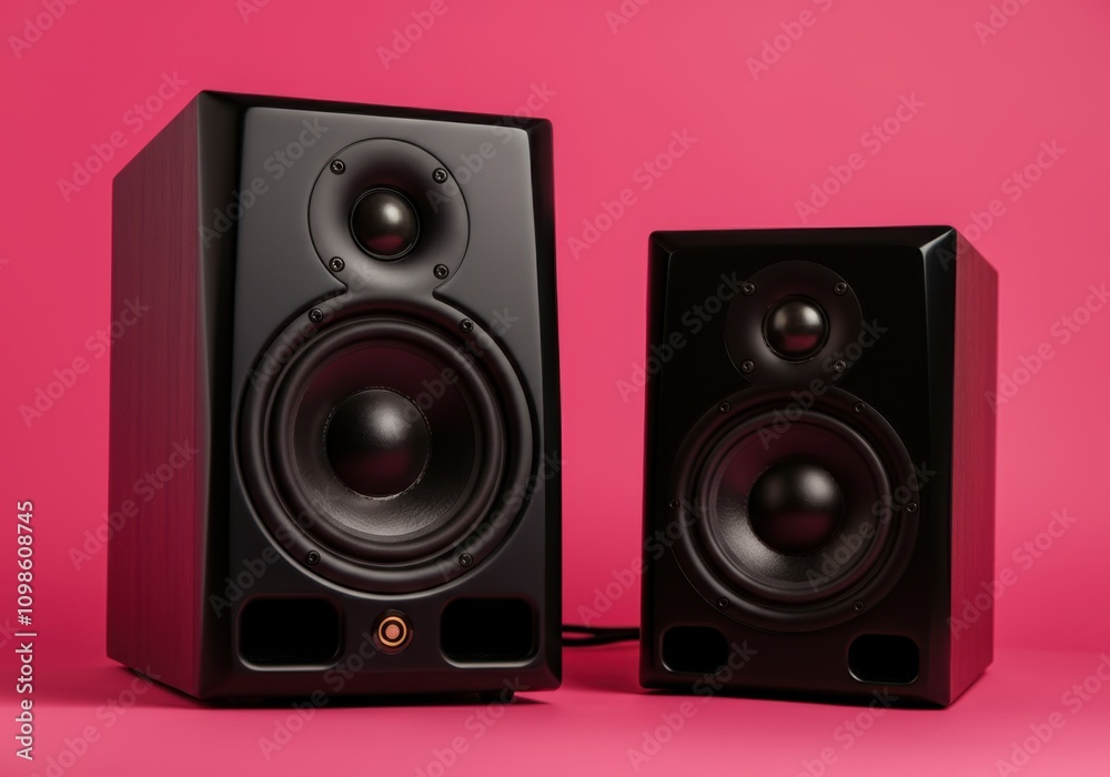 Fototapeta premium Professional audio equipment for sound recording and mixing featuring two black studio monitors on a vibrant pink backdrop