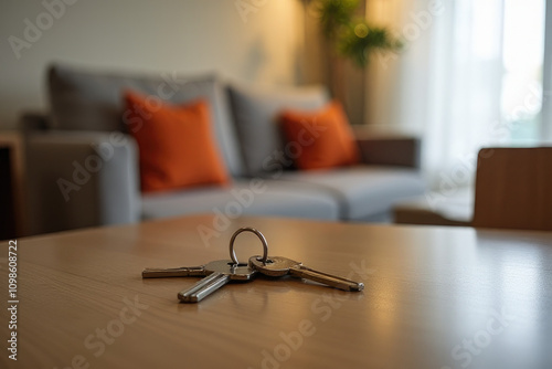 Keys on table with apartment background, rent apartment, sell apartment