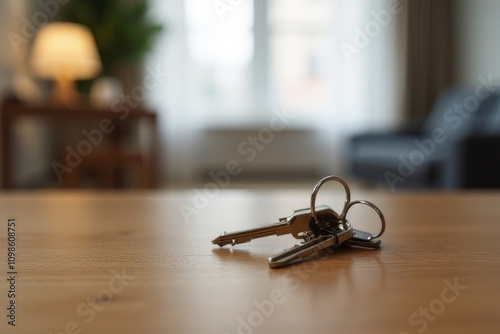 Keys on table with apartment background, rent apartment, sell apartment