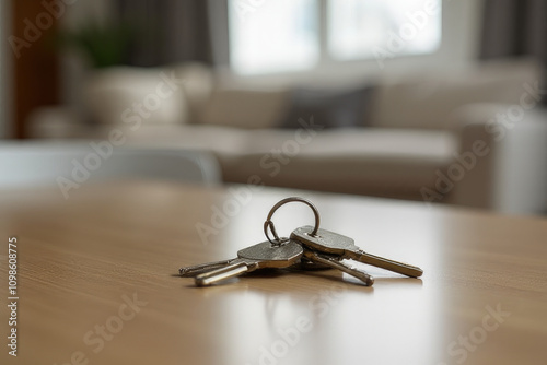 Keys on table with apartment background, rent apartment, sell apartment