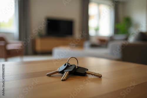 Keys on table with apartment background, rent apartment, sell apartment