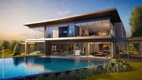 Wallpaper Mural A 4K animation of a large, modern contemporary house set against a picturesque backdrop, featuring a sleek, expansive pool in the front yard. The house boasts cutting-edge architecture with clean line Torontodigital.ca