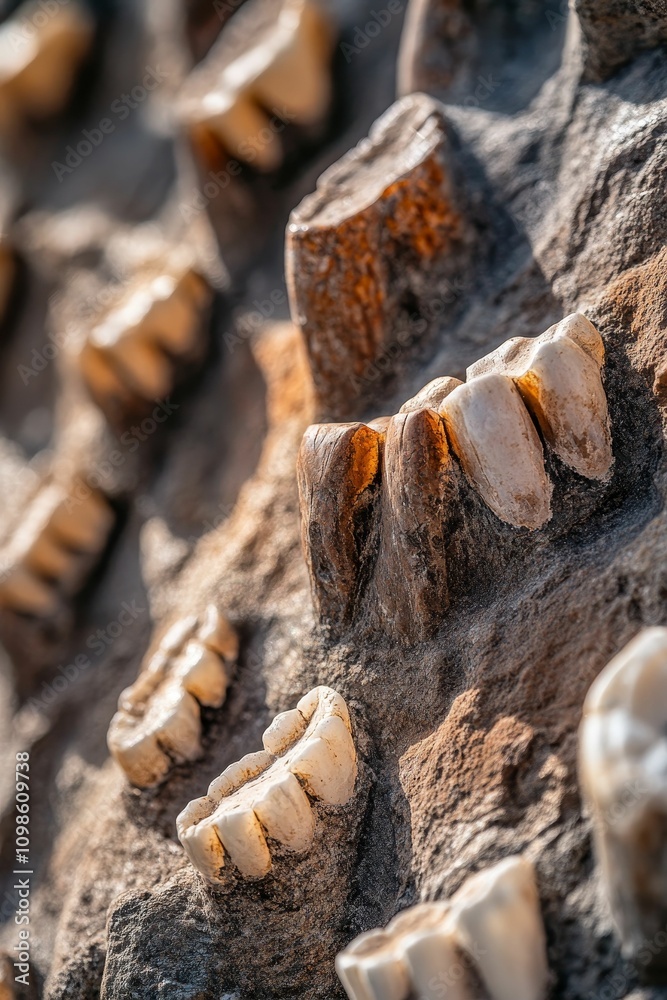 Fototapeta premium Numerous fossilized teeth embedded in rock.