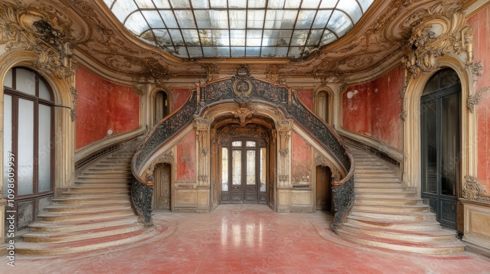 Obraz premium Grand, ornate double staircase in a decaying mansion's entrance hall, featuring a glass ceiling and red walls.