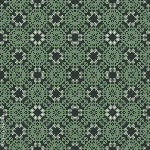Elegant green Christmas seamless vector snowflake texture. Monochrome seasonal pattern for wrapping paper, greeting cards, invitations, gift boxes and web background.
