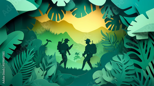 Fototapeta Naklejka Na Ścianę i Meble -  Paper craft jungle expedition with explorers and wildlife, perfect for adventure-themed designs. illustration, minimalism,. Minimalism. Illustration