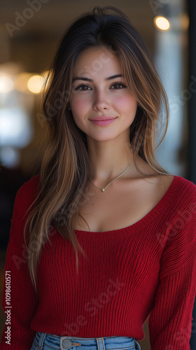 Wallpaper Mural Smiling young woman in a red sweater with long hair posing for a portrait in a cozy indoor setting Torontodigital.ca