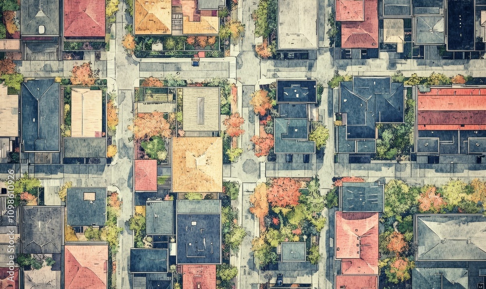 Fototapeta premium Aerial view of city block, houses, autumn trees.