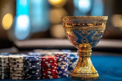 Golden Trophy Cup on a Poker Table in a Casino - Casino victory, golden trophy, poker chips, gambling, success photo