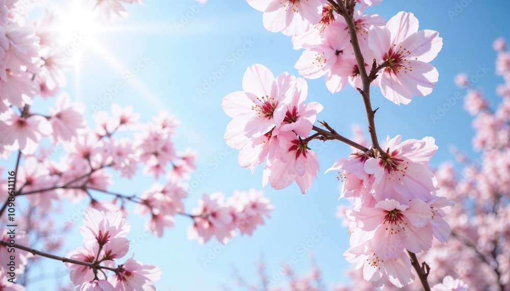 Naklejka premium Dreamy Pink Cherry Blossoms with Sunburst Against Azure Sky