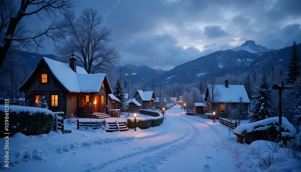 Fototapeta premium Cozy Mountain Village With Illuminated Cabins In Snowy Winter Twilight Landscape