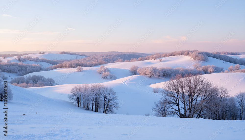 Obraz premium Serene Winter Landscape with Pink-Hued Sunset Over Rolling Snow-Covered Hills