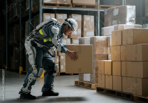 Warehouse worker wearing an exoskeleton suit lifts a heavy cardboard box in a modern storage facility