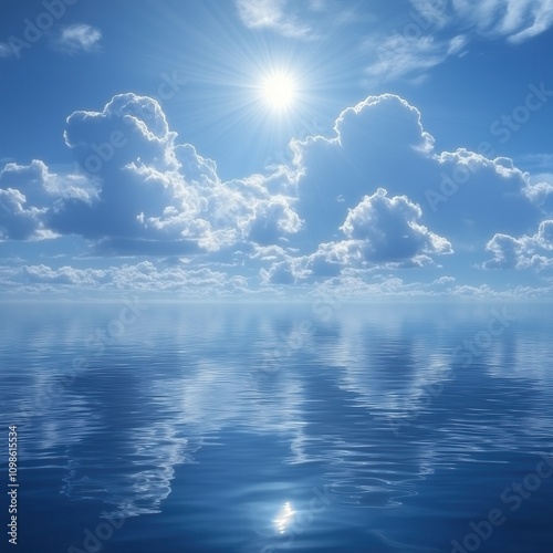 A blue sky with white clouds and a water reflection, the sun shining in the blue sky