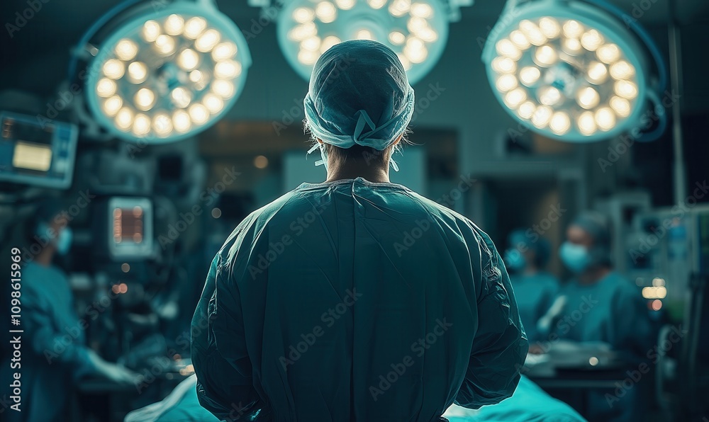 Obraz premium Surgeon in hospital operating room with medical equipment in background, rear view.