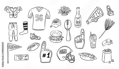 Hand drawn doodle set with American football themed items such as jerseys, helmets, footballs, foam fingers, cheer gear, food, and beverages. Vector outline drawing isolated on white background