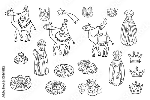 Hand drawn doodle set inspired by the Epiphany with Three Wise Men on camels, crowns, stars, traditional cakes, and festive elements. Vector outline drawing isolated on white background