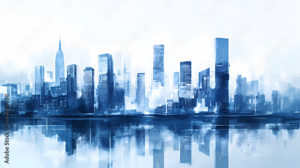Fototapeta premium Cityscape and architecture, interior and exterior, modern and contemporary, minimalism and simplicity, blue and white. Minimalism. Illustration