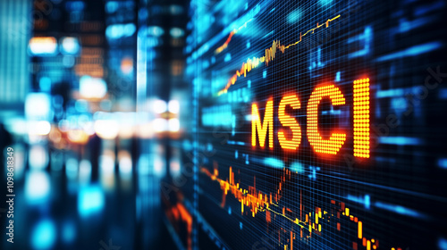 Gelbe Leuchtreklame MSCI - globaler Aktienindex von rund 1.500 Aktien aus verschiedenen Industrieländern, MSCI World Aktienindizes