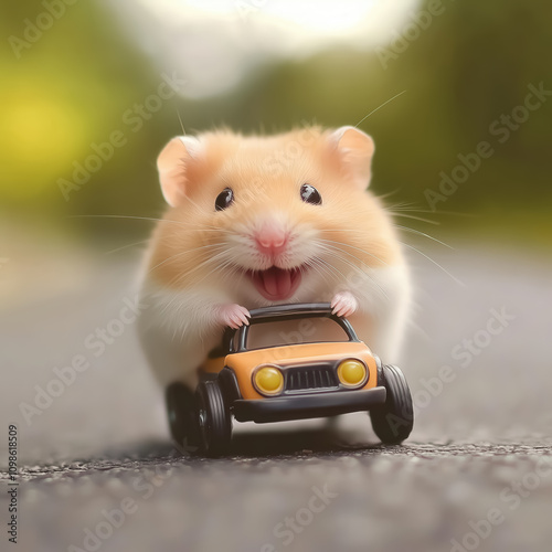 A chubby hamster smiling widely while riding a toy car