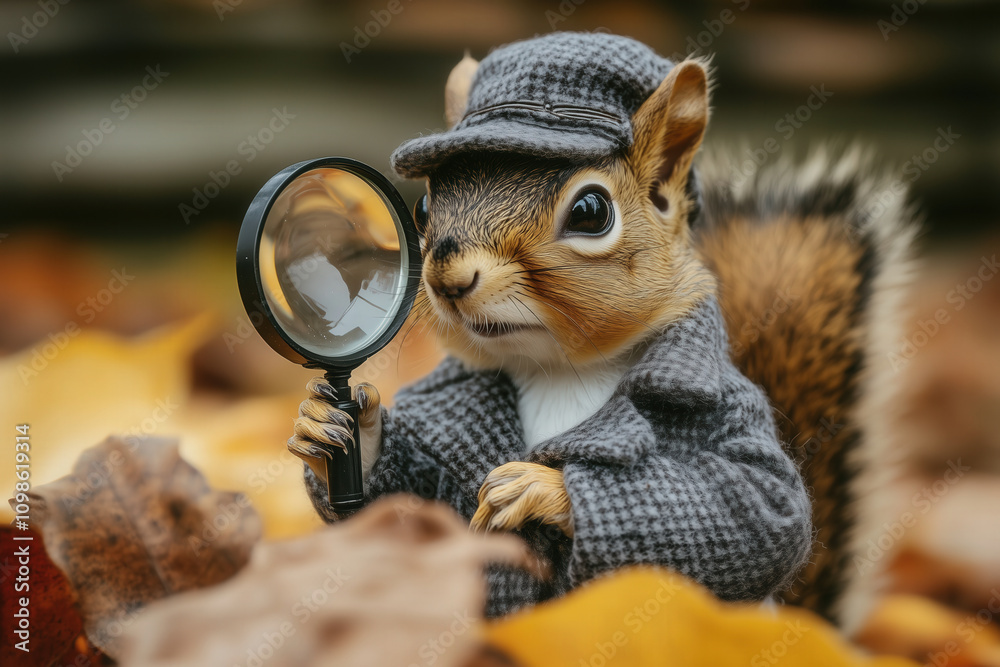 Obraz premium A curious squirrel in a miniature detective coat and hat, holding a magnifying glass on a white background