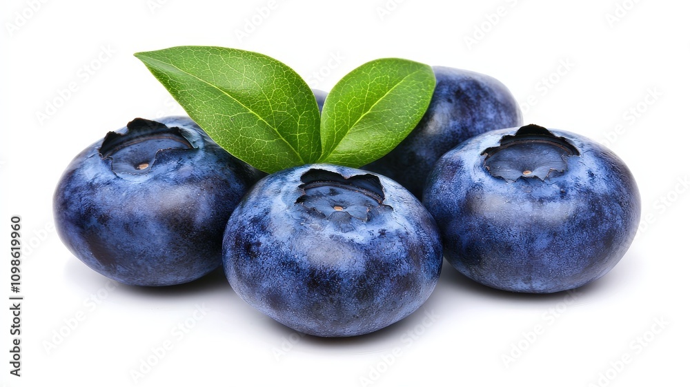 Obraz premium food macro shot on crisp and appetizing. Fresh blueberries with vibrant blue skin and green leaves, showcasing their natural appeal and health benefits.