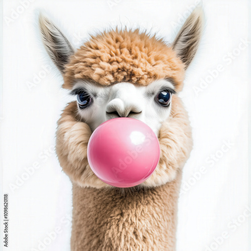 A goofy alpaca with a bubble gum bubble popping out of its mouth on a white background. photo