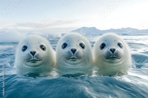 A trio of endearing seals surface from the water, each wearing a tranquil expression. photo