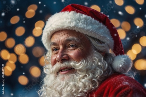 Photo of happy santa claus on defocused bokeh effect background with copy space. Christmas concept.