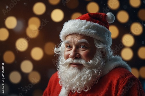 Photo of happy santa claus on defocused bokeh effect background with copy space. Christmas concept.