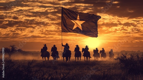 Riders Holding Lone Star Flag at Sunset  
