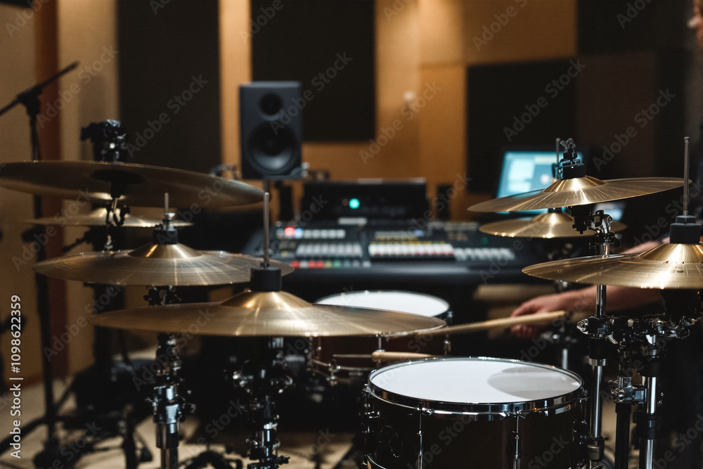 Obraz premium A drummer plays on a kit in a soundproof studio, focusing on recording, surrounded by professional equipment